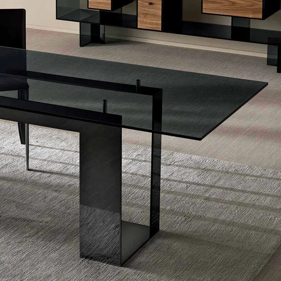 Stół do jadalni z przydymionym szklanym blatem i metalową podstawą 4 wymiary - Speck Viadurini