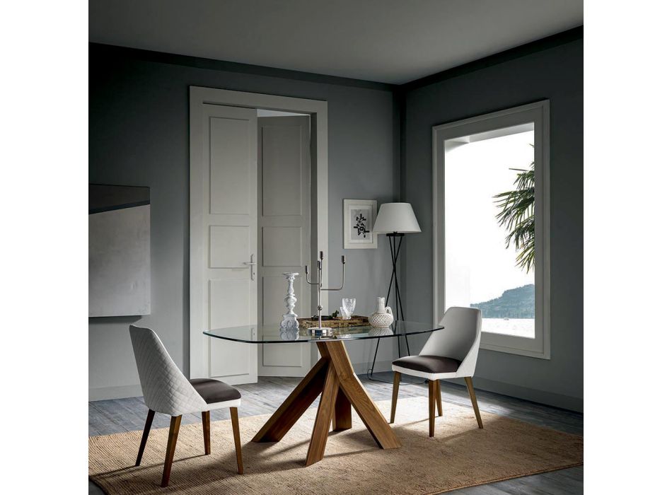 Stół do salonu ze szklanym blatem i drewnianymi nogami — botaniczny Viadurini