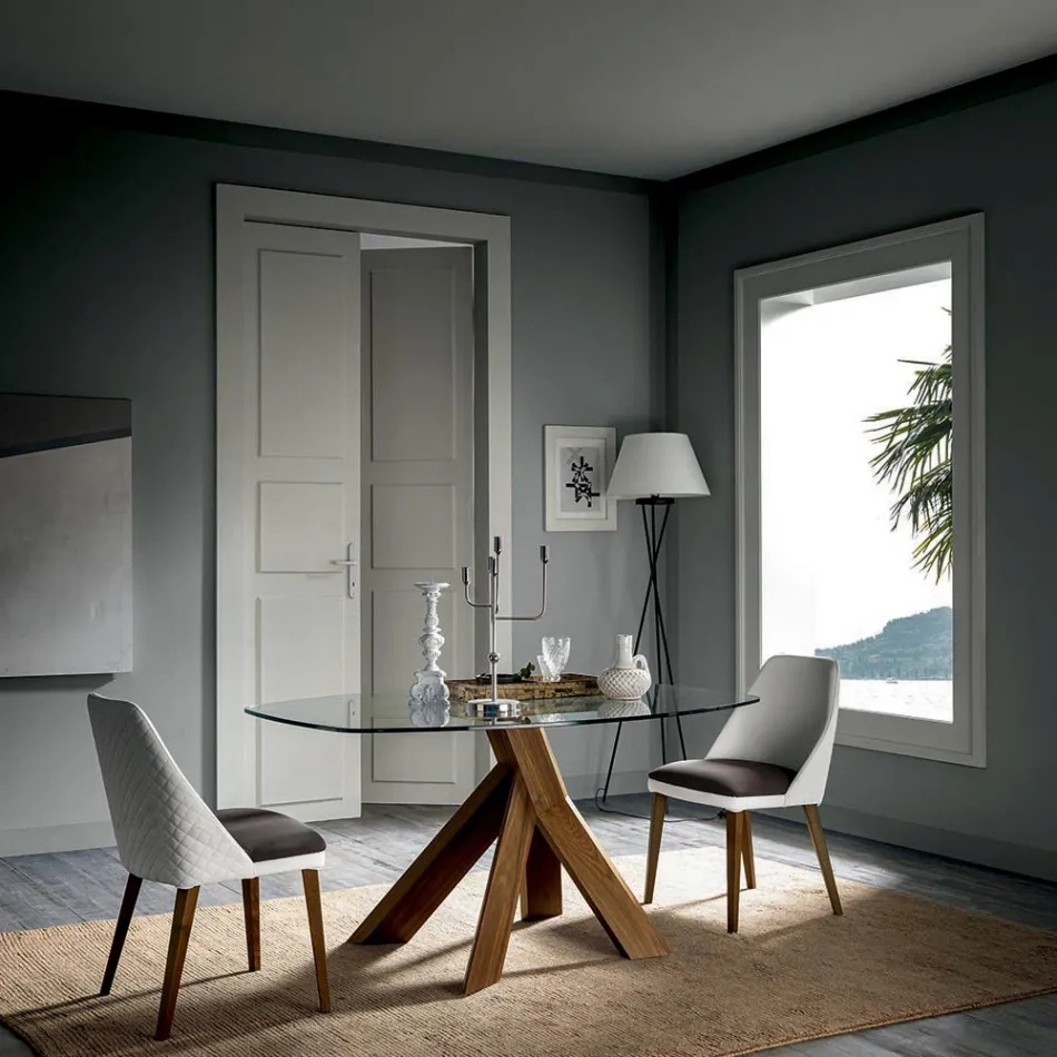 Stół do salonu ze szklanym blatem i drewnianymi nogami — botaniczny Viadurini