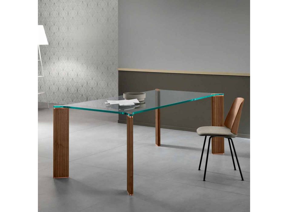 Luksusowy stół do jadalni ze szklanym blatem i drewnianymi nogami w 4 rozmiarach - Kuduro Viadurini