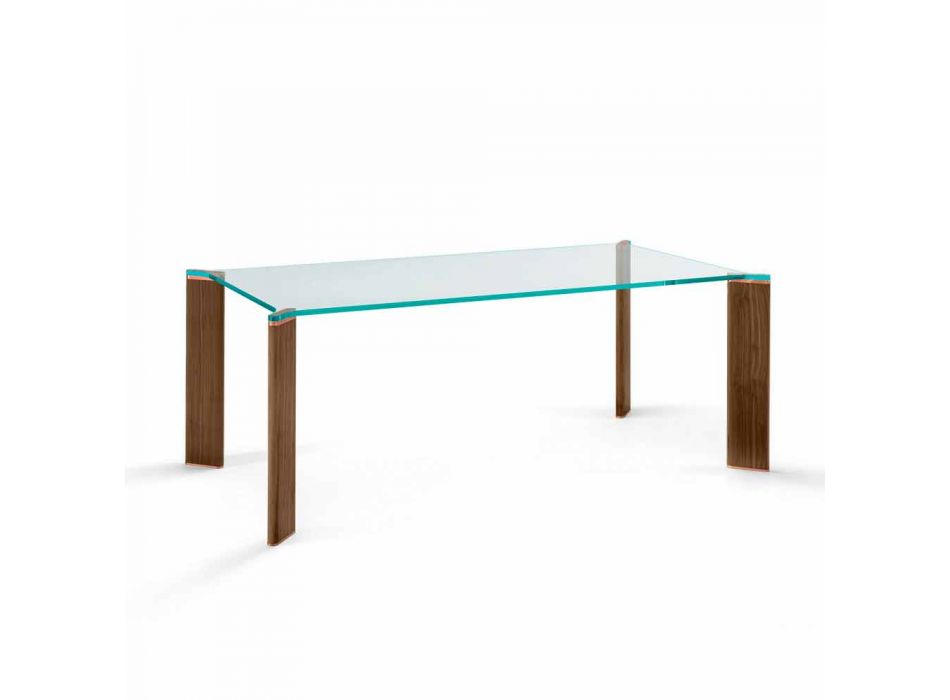 Luksusowy stół do jadalni ze szklanym blatem i drewnianymi nogami w 4 rozmiarach - Kuduro Viadurini