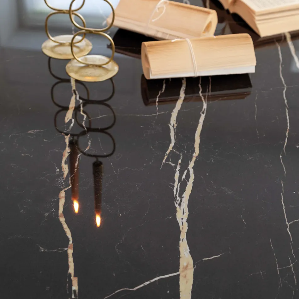 Stół do jadalni z polerowanej ceramiki i stali Florim Thunder Night - Medunotav Viadurini