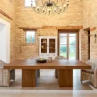 Stół do jadalni z tropikalnego drewna pochodzącego z recyklingu z podwójną podstawą - zjeżdżalnia Viadurini