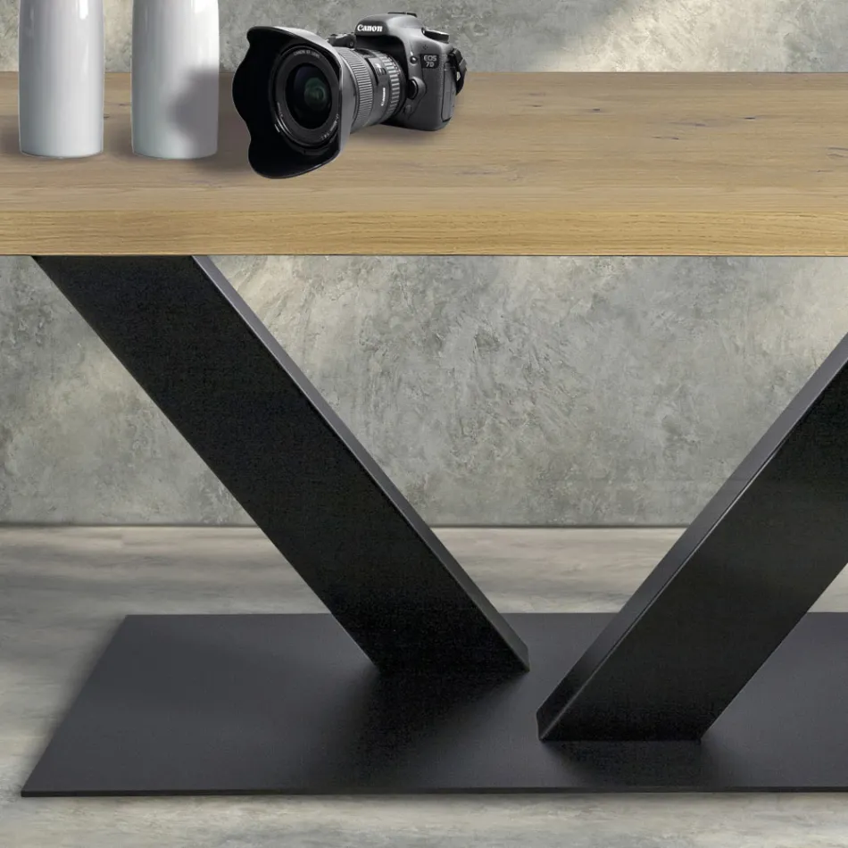 Stół do jadalni z dębu platerowanego Masellato i metalu Made in Italy - Riad Viadurini