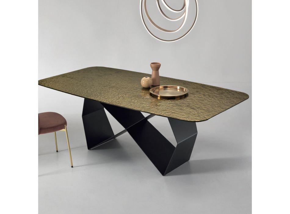 Stół do jadalni ze szkła młotkowanego i czarnego metalu Made in Italy - Mirco Viadurini