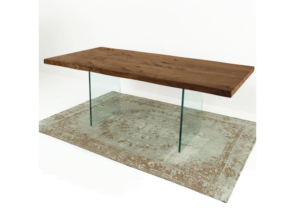 Nowoczesny stół do jadalni z fornirowanego drewna i szkła wyprodukowany we Włoszech - Strappo Viadurini