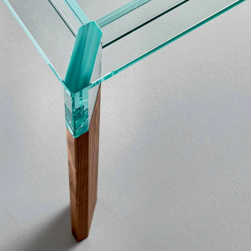 Stół do jadalni Szklany blat i podstawa z litego drewna Made in Italy - Presino Viadurini