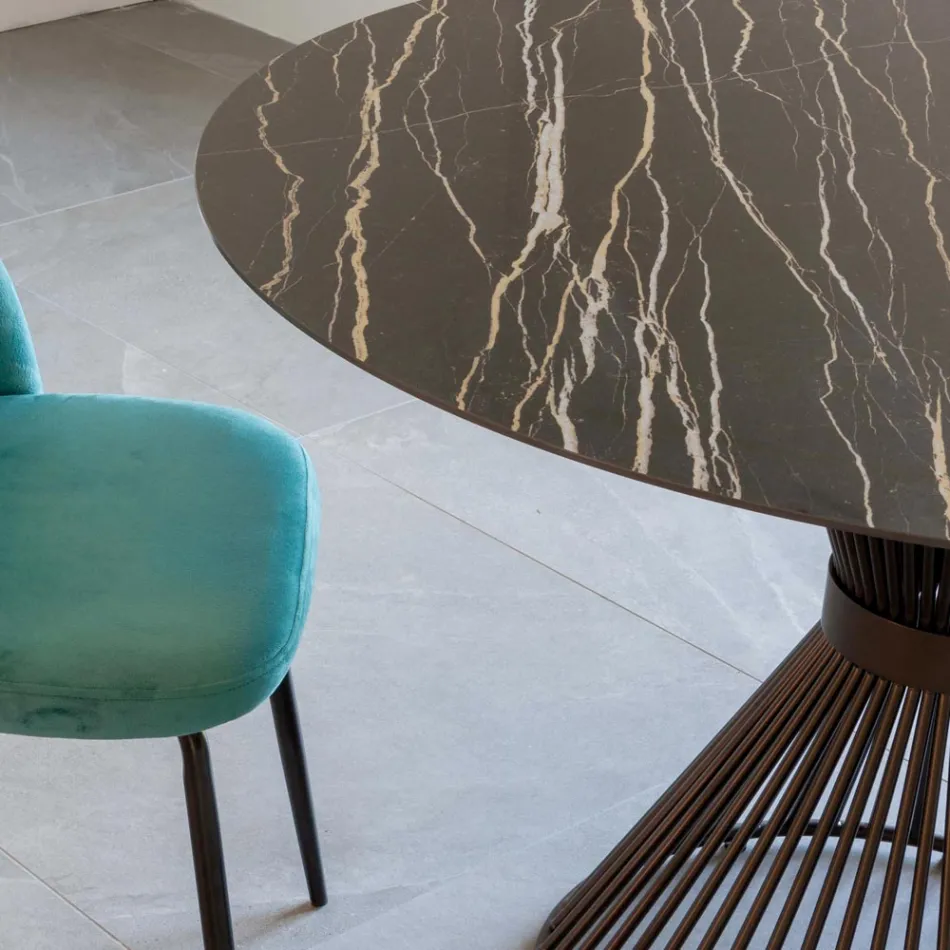 Okrągły stół do jadalni z polerowaną ceramiką i stalową podstawą Florim - Denali Viadurini