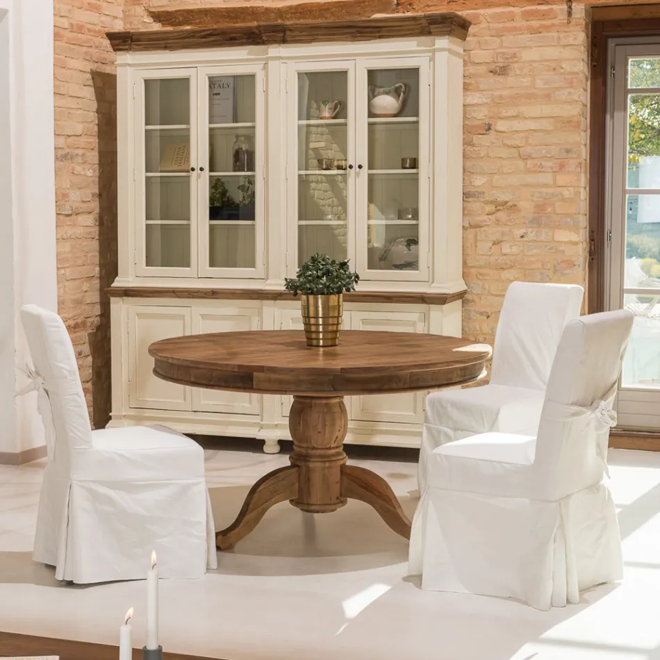 Okrągły stół do jadalni z tropikalnego drewna pochodzącego z recyklingu z centralną podstawą - wysuwana Viadurini