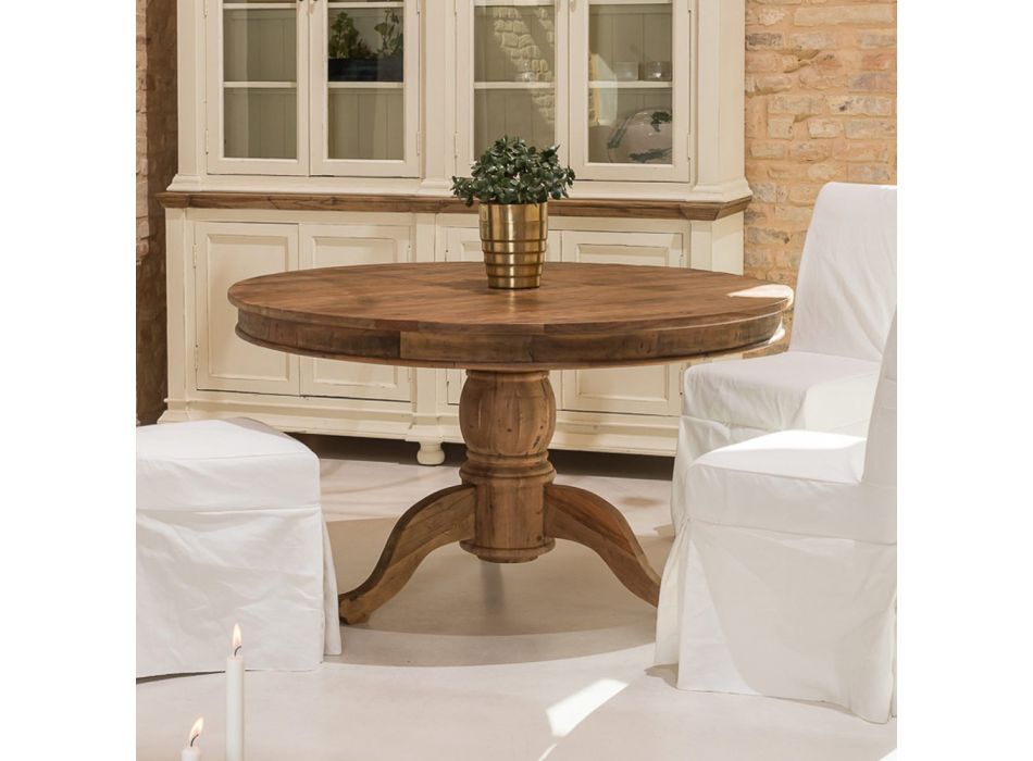 Okrągły stół do jadalni z tropikalnego drewna pochodzącego z recyklingu z centralną podstawą - wysuwana Viadurini