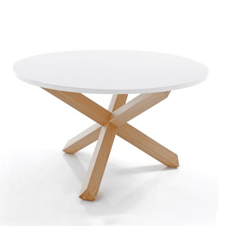 Okrągły stół do jadalni z matowego białego Mdf i litego drewna - Dante Viadurini
