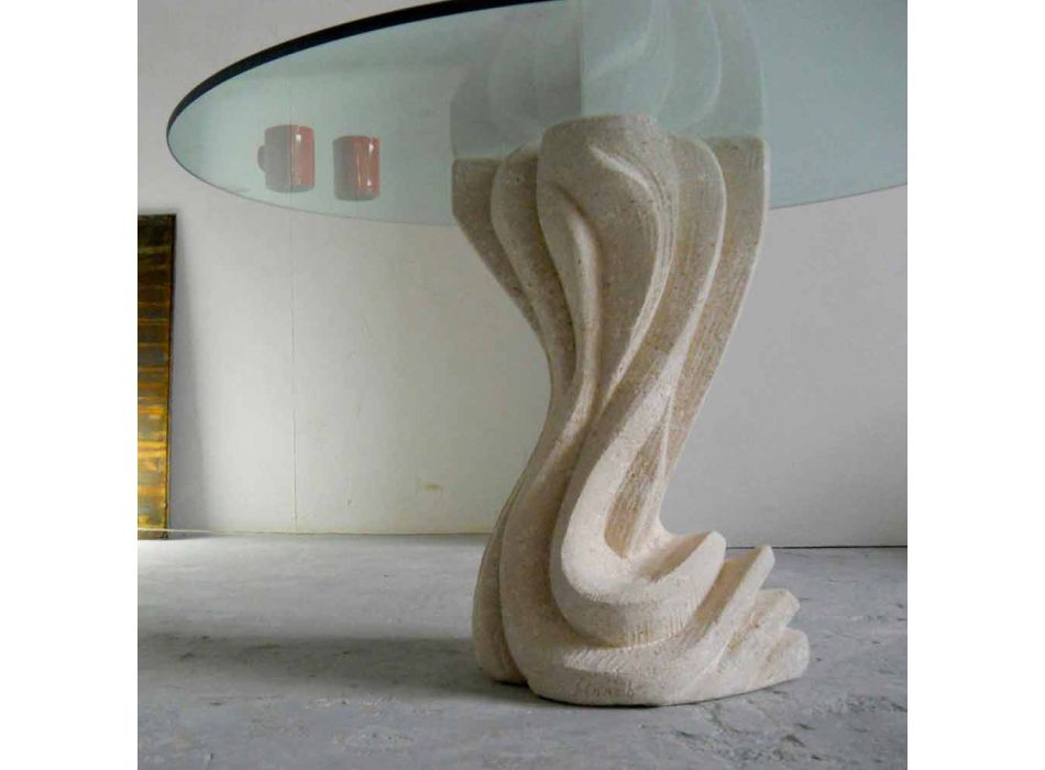 Okrągły stół w kamieniu ze szklanym blatem Kadmosa Viadurini