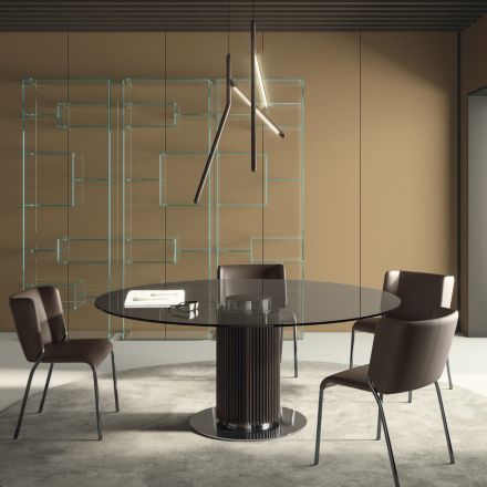 Okrągły stół do jadalni z przydymionego szkła z drewnianą podstawą Made in Italy - Rondo Viadurini