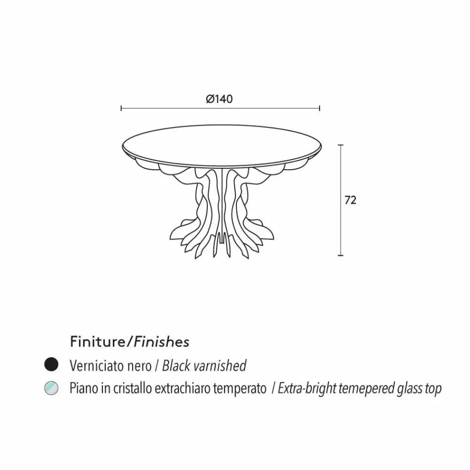 Cassia okrągły stół, czarny fortepian drewna i szkła top Viadurini