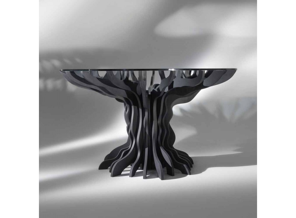 Cassia okrągły stół, czarny fortepian drewna i szkła top Viadurini