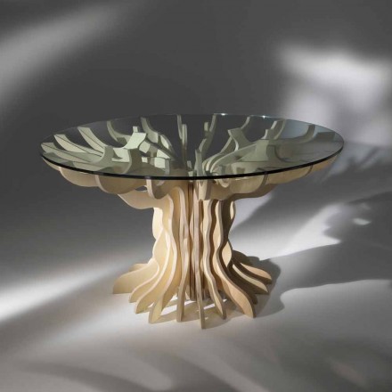 Okrągły stół jadalny drewniany z hartowanego szkła górnym Dalia Viadurini