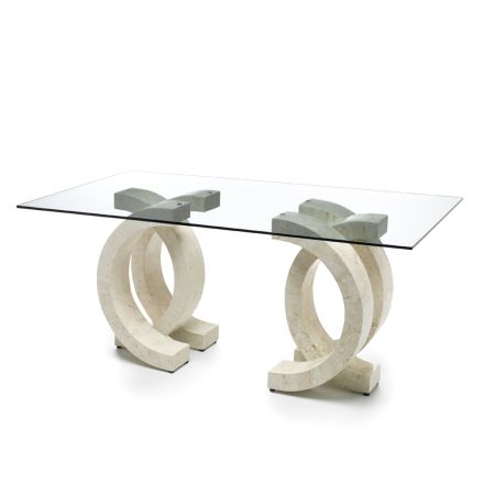Stół do salonu ze szkła i podstawa z kamienia kopalnego - Intreccio Viadurini