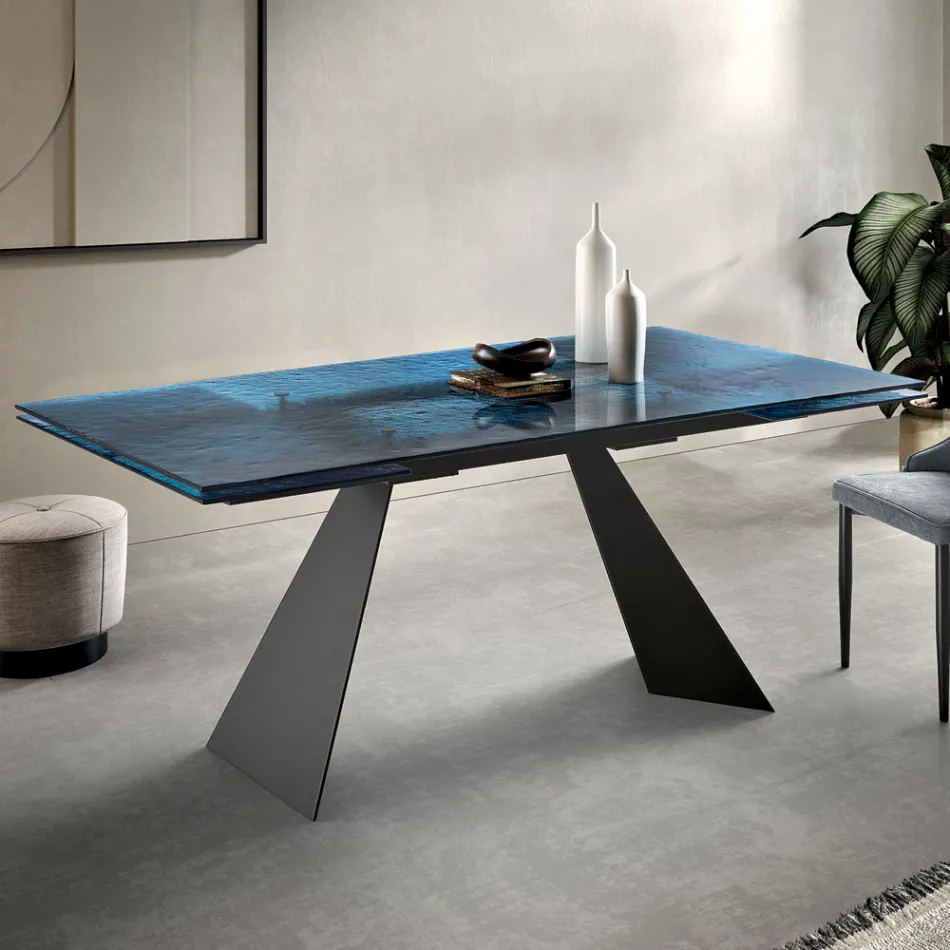 Stół do salonu 160x90 z przezroczystym blatem ze szkła młotkowanego - Martello Viadurini