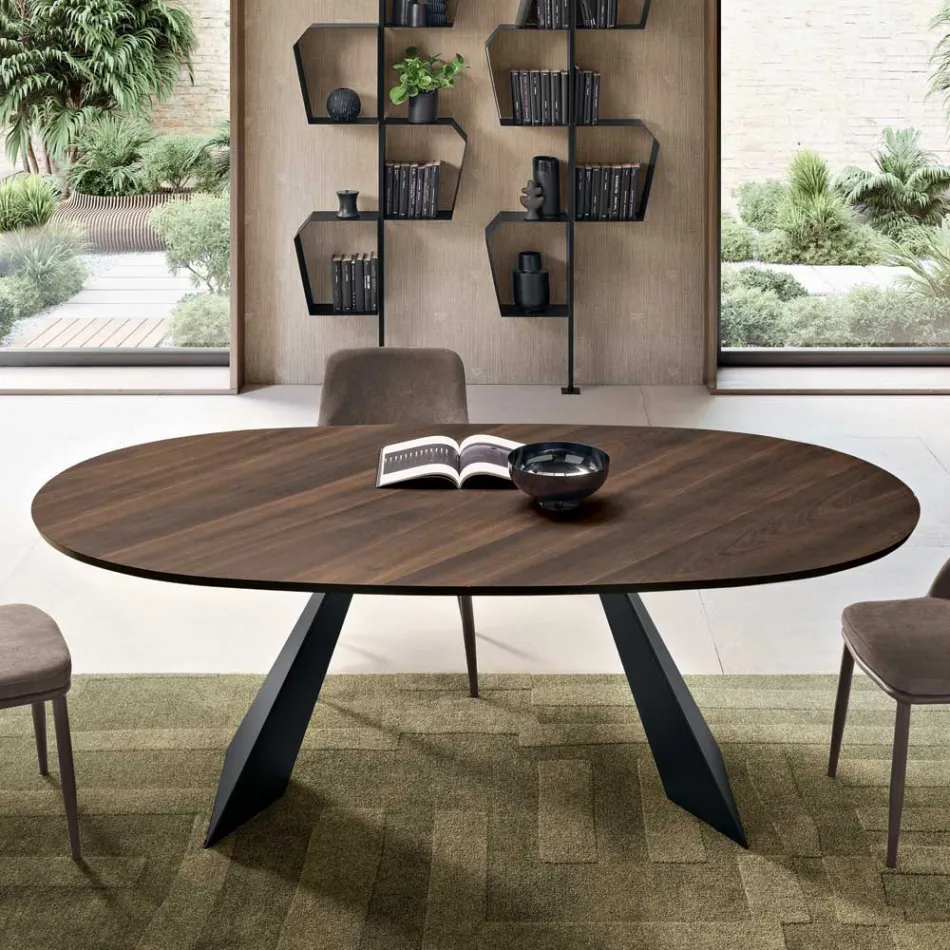 Stały stół 210x109 cm z metalu i owalnego forniru dębowego - Marcello Viadurini