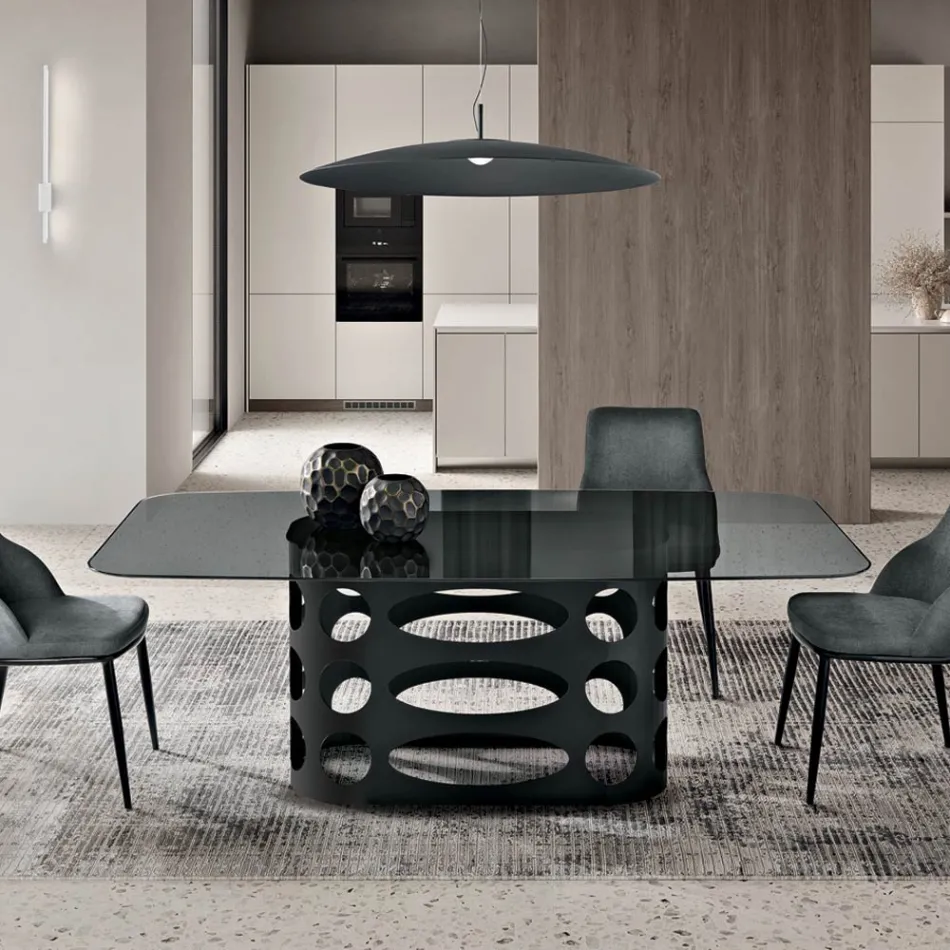 Stały stół 210x110 cm z gładkim, dymionym szklanym blatem Made in Italy - Tano Viadurini