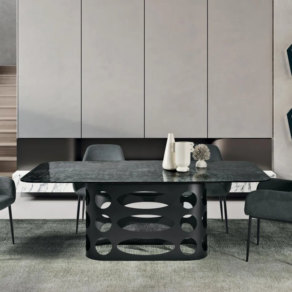 Stół stały 210x110 cm z blatem ze szkła młotkowanego Made in Italy - Tano Viadurini