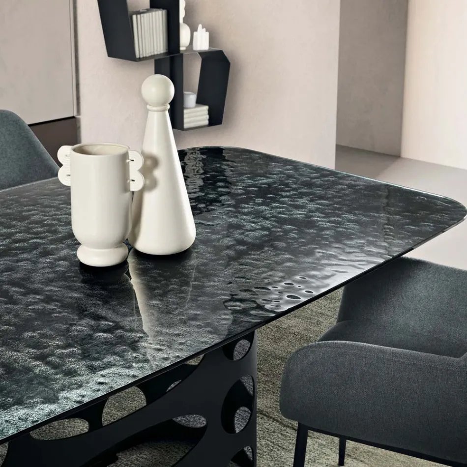 Stół stały 210x110 cm z blatem ze szkła młotkowanego Made in Italy - Tano Viadurini