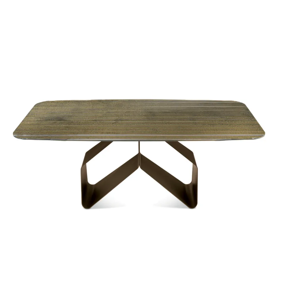 Stół stały 210x110 cm z żebrowanym szklanym blatem i metalową podstawą - Adriano Viadurini