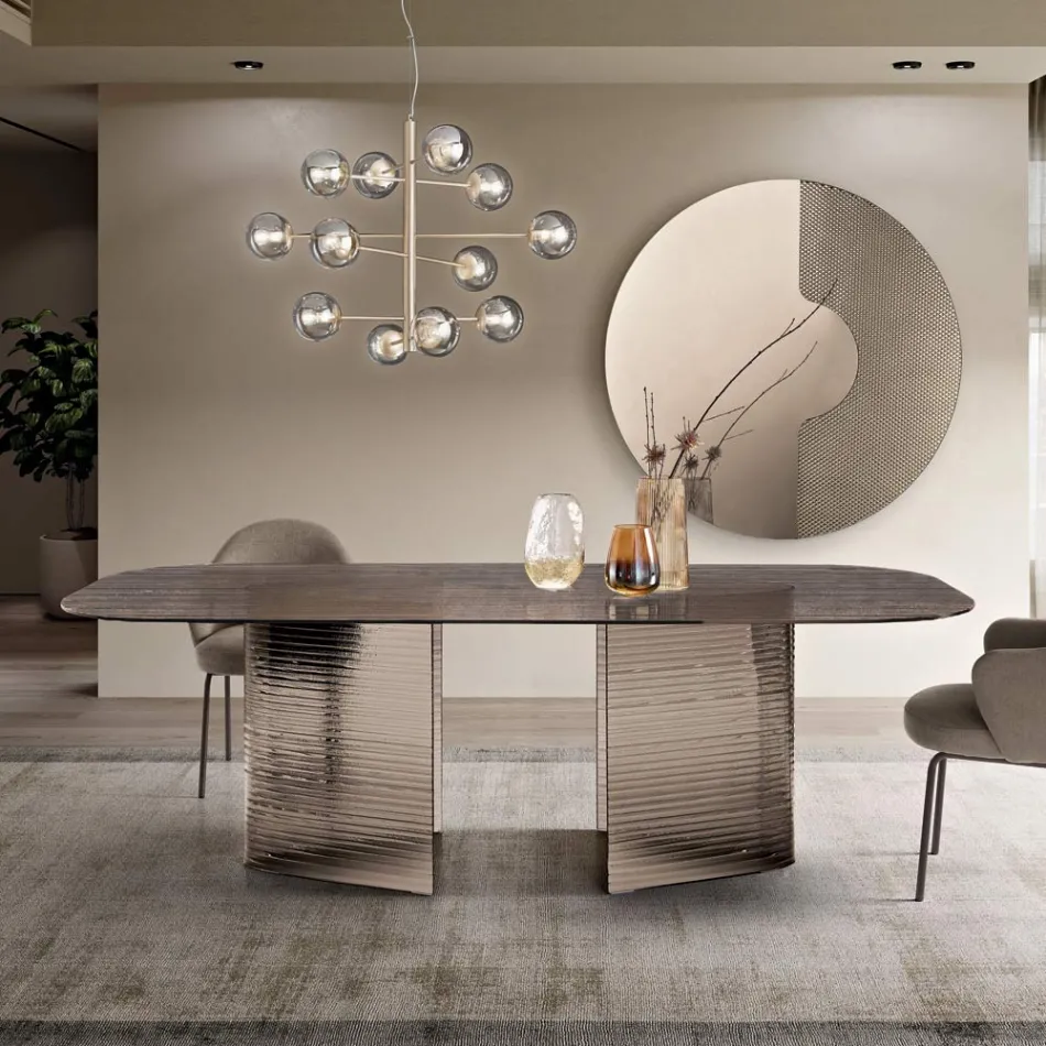 Stały stół 240x120 cm z przezroczystego szkła żebrowanego Wyprodukowano we Włoszech - Varo Viadurini