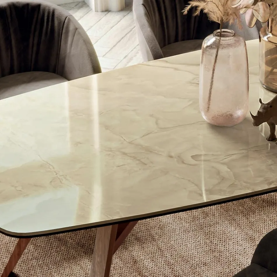 Naprawiony stół w kształcie beczki z podstawą z jesionu z orzecha Canaletto Made in Italy - North Viadurini