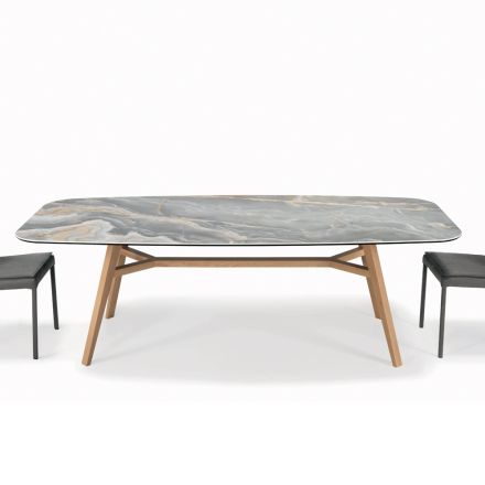 Naprawiono stół w kształcie beczki z ceramiki i drewna jesionowego Made in Italy - North Viadurini