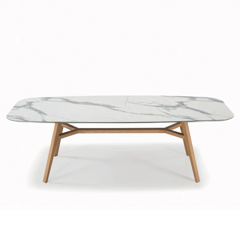 Naprawiono stół w kształcie beczki z laminatu i drewna jesionowego Made in Italy - North Viadurini