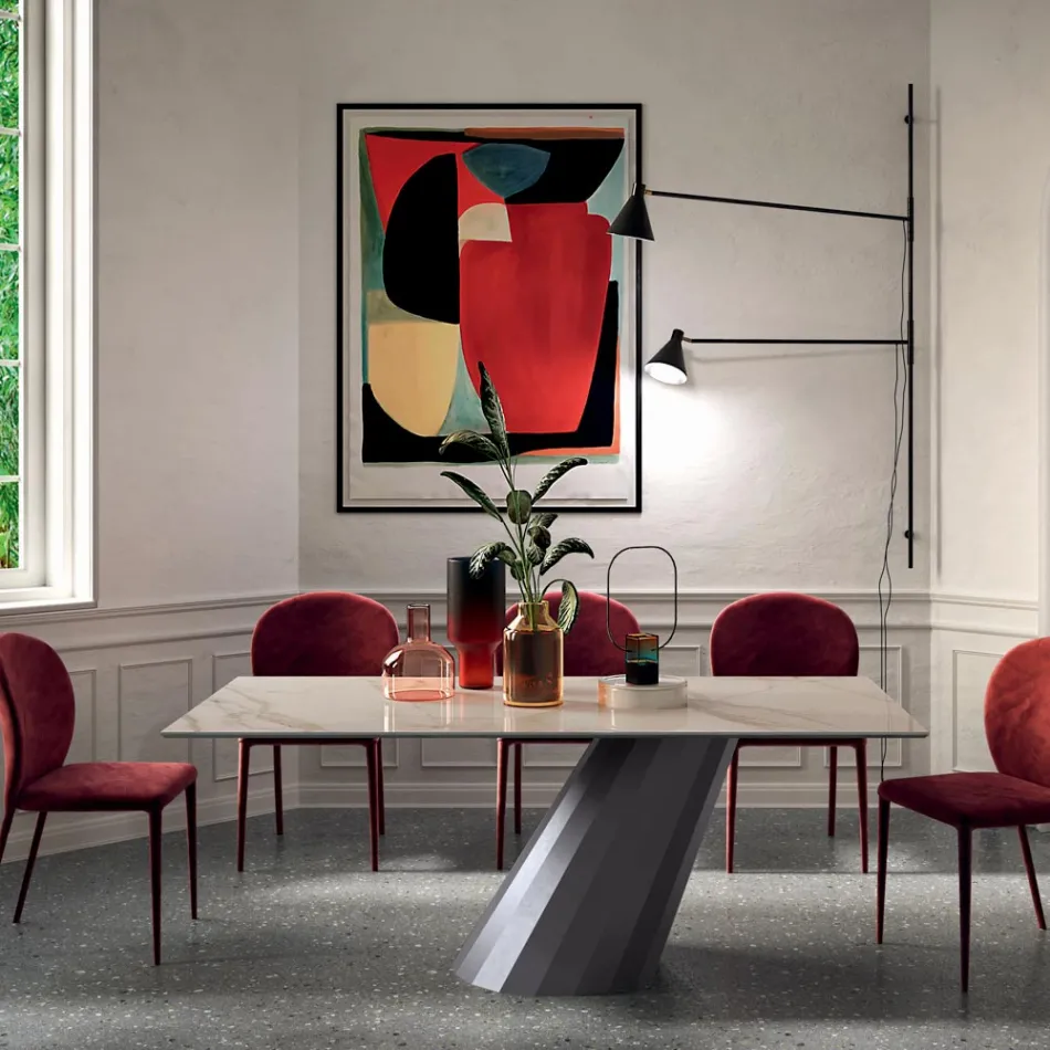 Stały stół ze stalową podstawą i ceramicznym blatem Made in Italy - Spodnie Viadurini