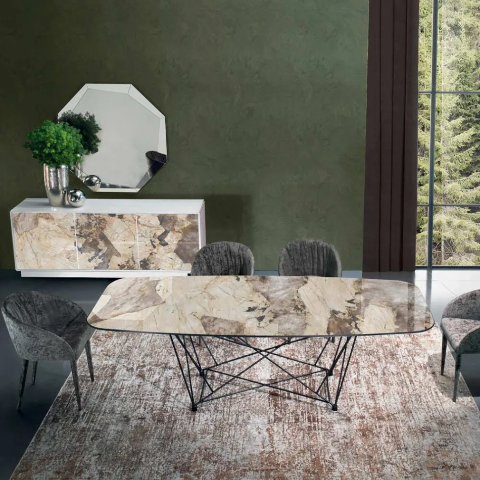 Naprawiono stół z ceramicznym blatem w kształcie beczki i stalową podstawą Made in Italy - Ezzellino Viadurini