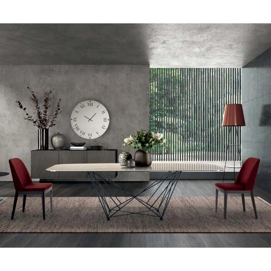 Naprawiono stół z ceramicznym blatem w kształcie beczki i stalową podstawą Made in Italy - Ezzellino Viadurini