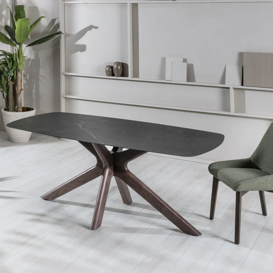 Stały stół z ceramicznym blatem i podstawą z litego drewna orzechowego - pomarańczowy Viadurini