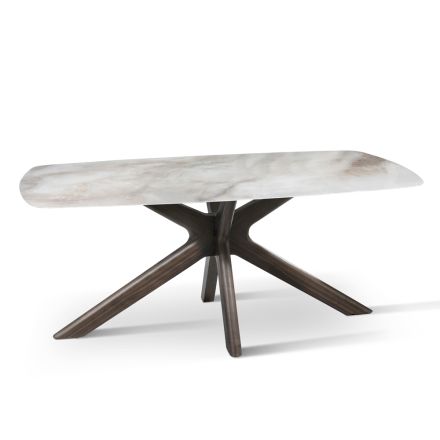 Stały stół z ceramicznym blatem i podstawą z litego drewna orzechowego - pomarańczowy Viadurini