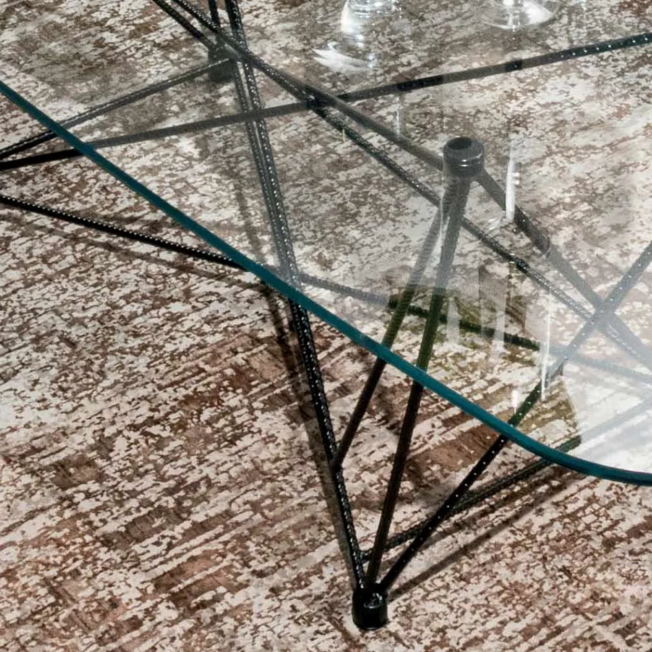 Naprawiono stół ze szklanym blatem w kształcie beczki i stalową podstawą Made in Italy - Ezzellino Viadurini