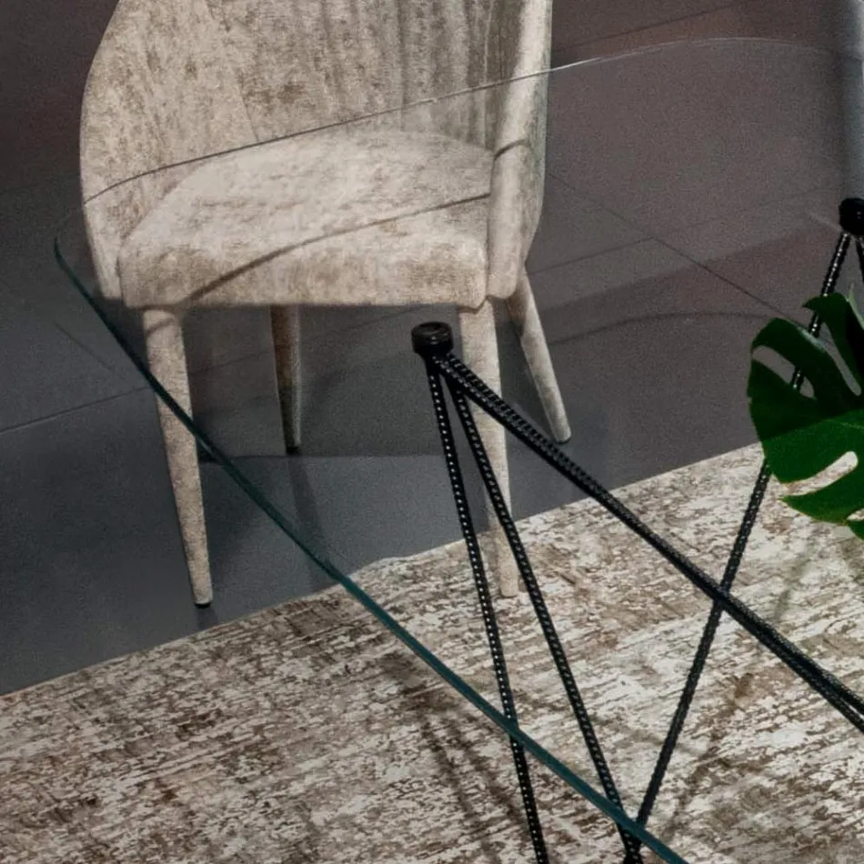 Naprawiono stół ze szklanym blatem w kształcie beczki i stalową podstawą Made in Italy - Ezzellino Viadurini