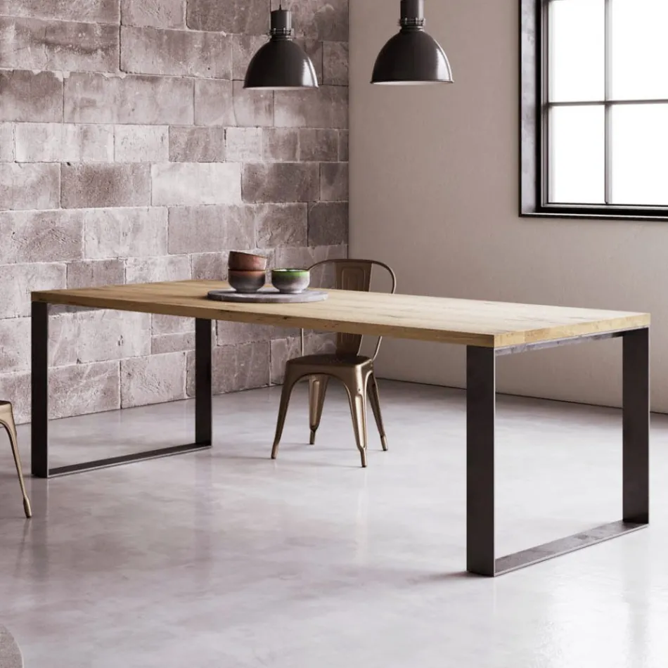 Naprawiony stół z naturalnego forniru z łupanego dębu, wyprodukowany we Włoszech - Telmerini Viadurini