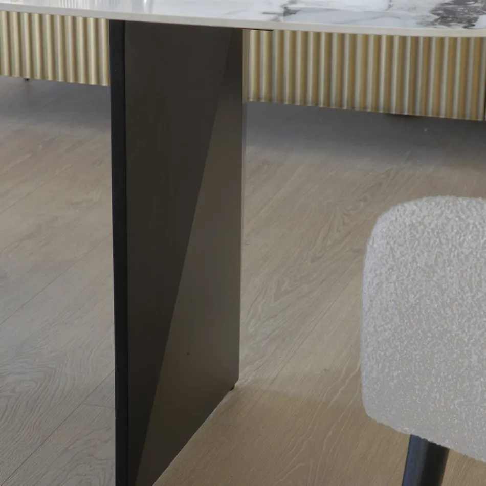 Stały stół z metalowym i ceramicznym blatem Arabesque Glossy - Eronte Viadurini