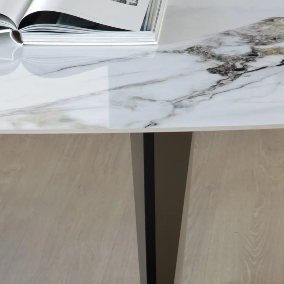 Stały stół z metalowym i ceramicznym blatem Arabesque Glossy - Eronte Viadurini