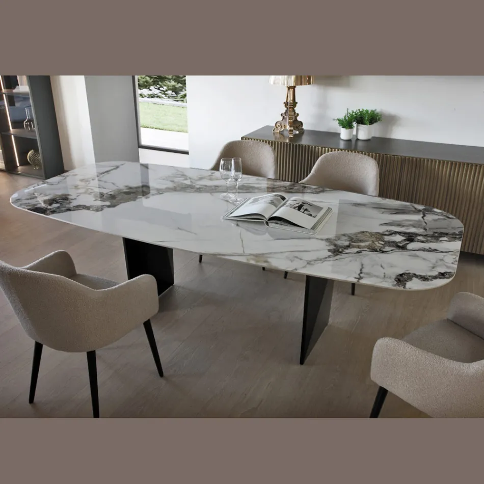 Stały stół z metalowym i ceramicznym blatem Arabesque Glossy - Eronte Viadurini