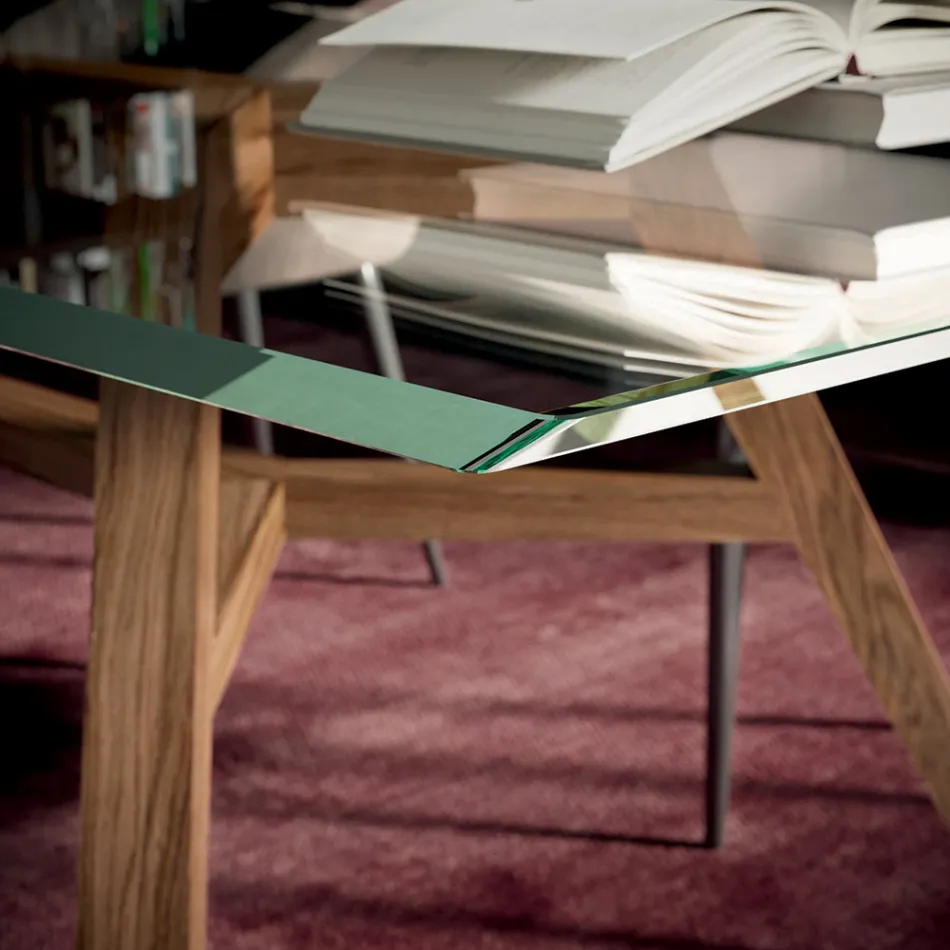 Naprawiono prostokątny stół z bardzo przezroczystego szkła i popiołu, wyprodukowany we Włoszech - północ Viadurini