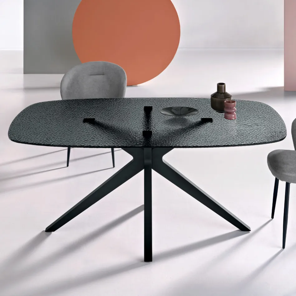 Stół owalny 180x100 cm z przydymionego szkła młotkowanego i metalu - Domus Viadurini