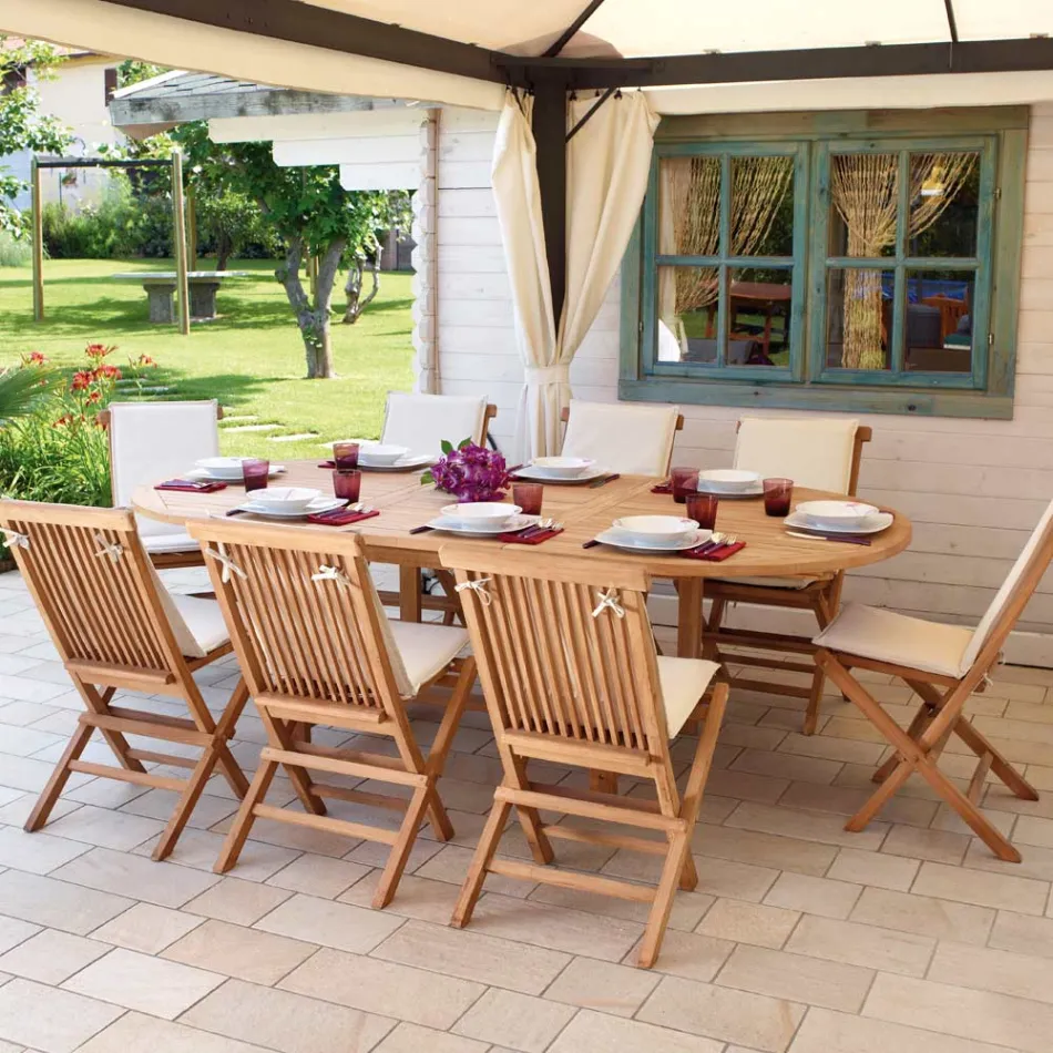 Owalny stół ogrodowy z możliwością rozciągnięcia do 240 cm. Wykonany z drewna tekowego - bluszcz Viadurini