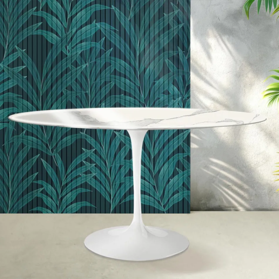 Stół owalny Tulip Saarinen wys. 74 cm z ceramiki Florim Statuario Lucido - szkarłatny Viadurini