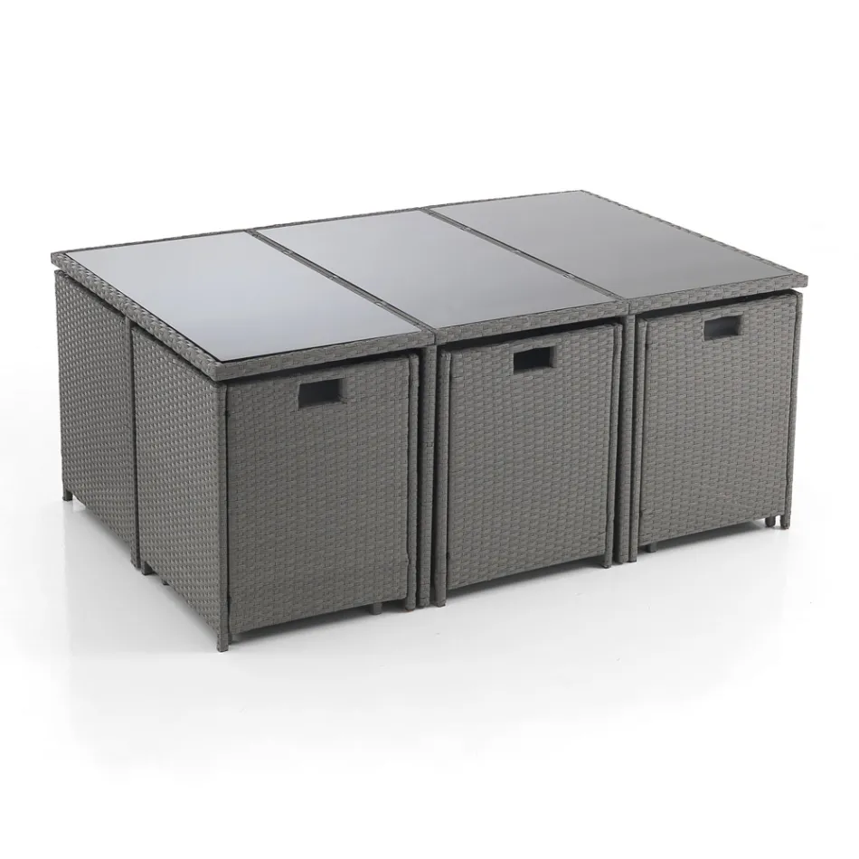 Stół do użytku wewnątrz i na zewnątrz z 6 krzesłami z odchylanym oparciem i 4 pufami - Venir Viadurini