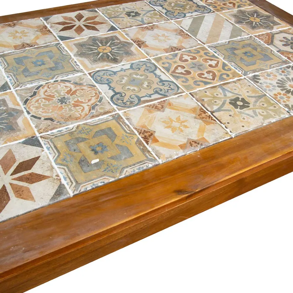 Prostokątny stół z drewna akacjowego i ceramicznym blatem - Techniczne Viadurini