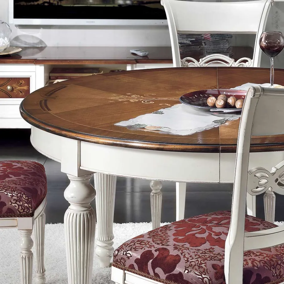 Rozkładany okrągły stół z wkładką i 4 krzesłami Made in Italy - Alite Viadurini