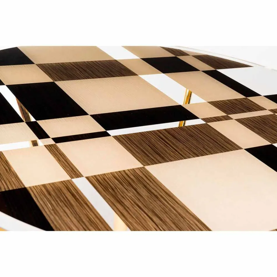 Okrągły stół Modeno ze szklanym blatem i drewnianymi wkładami Ozzy Viadurini